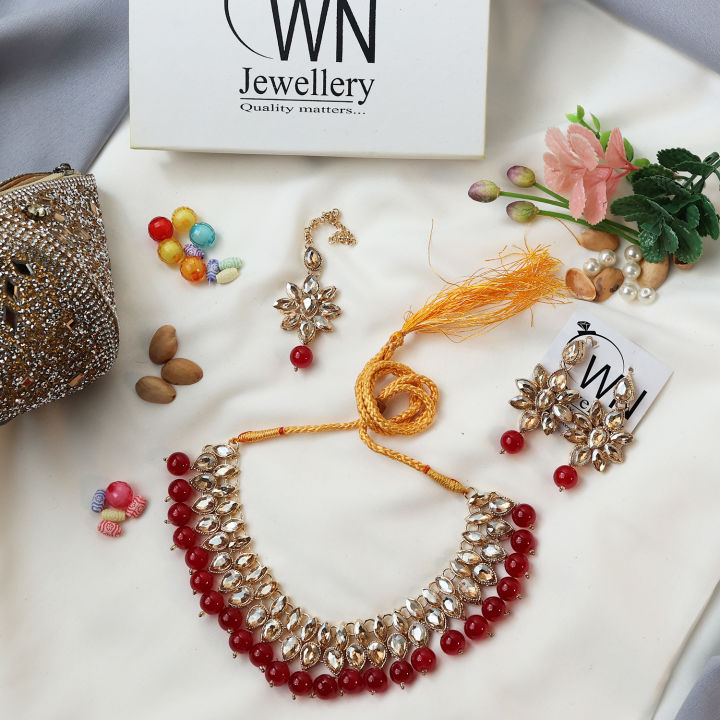 Jewellery%20Set%20Kundan%20-%20(3%20in%201)%20Necklace,%20Earrings%20&%20Maang%20Tika%20-%20Artificial%20Jewellery%20for%20Women%20&%20Girls%20-%20Fashion%20Jewellery%20Golden%20Combination%20%20OWN%20Jewellery%20-%20Image%204