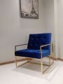 Modern Royal Blue and Matt Gold Wooden Sofa with Arms - Single Seater Upholstered Chair for a Comfortable Living Room. 