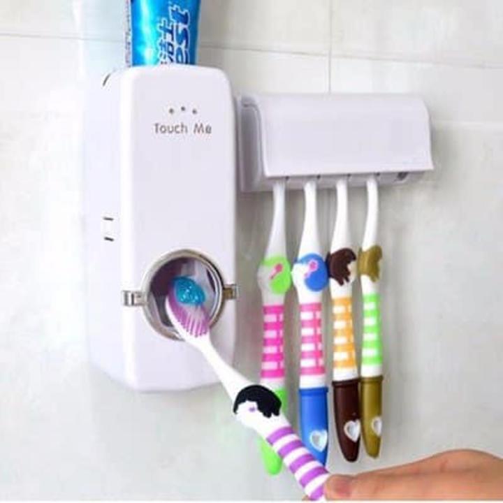 Set of Toothpaste Dispenser & Brush Holder - White  Toothpaste Dispenser and tooth brush holder Toothpaste Dispenser automatic For Homes And Bathrooms white Automatic Toothpaste Dispenser & Toothbrush Holder | LA URUS SHOP