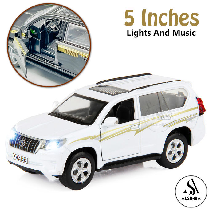 Toyota Land Cruiser Prado Front Doors Open With Lights and Music Simulation Luxury SUV G25 Model Car - Pull Back Alloy Metal Diecasts Off-road Vehicle Birthday Gift for Boy Children 1:36 Scale - Size Approx. 5 Inches - White