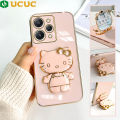 UCUC for Redmi 12 Back Cover Cute kitty Mirror Multifunction Folding Bracket Luxury 6D Plating Case Soft Silicone Square Phone Cases for Boys for Girls. 