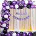 Happy Birthday Birthday Decoration Theme Set Purple, White & Black Including Happy Birthday purple banner cards, Latex Balloons, 3 Confetti Ballooons, Fairy light, Fairy light decoration theme. 