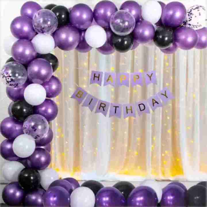 Happy Birthday Birthday Decoration Theme Set Purple, White & Black Including Happy Birthday purple banner cards, Latex Balloons, 3 Confetti Ballooons, Fairy light, Fairy light decoration theme