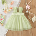 New Summer Girls' Baby Strap Dress Bow Knot Flower Decoration Infant Gauze Dress Solid Color Girl Children'S Clothing Suitable For 0-3 Years Old. 