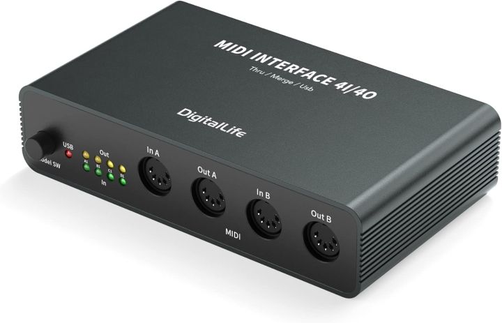 DigitalLife Professional 4i/4o MIDI Interface Box w/USB Mode, Thru, Merge - Metal