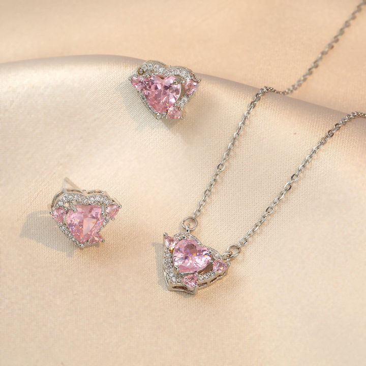 [ New ] Women's Necklace   King Glory Loving Heart Zircon Stud Earrings Niche Batch Simple Wild Earrings Suit Necklace