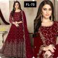 Dress For Womens | Dress For Girls Chiffon Crincle Embroidered Maxi Maroon (Unstitched). 