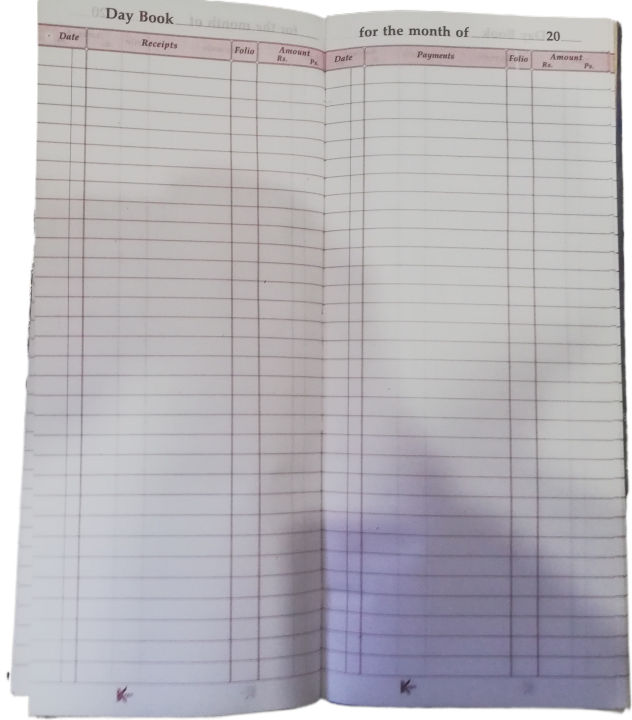 Register for Day Book Recording Daily Sales and Expenses, Daily Cash Recipts and Payments, Records bussiness transactions on daily basis