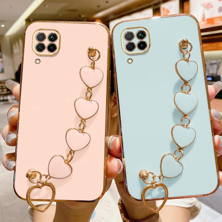 COROGI for Samsung Galaxy M33 5G Back Cover + Love Heart Bracelet Chain Luxury 6D Plating Soft Case Camera Lens Protection Square Frame Silicone Glossy Mobile Phone Cases