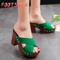【FOOT SOFA】Summer Women Sandals Square High Heel Platform Flock Casual Rivet Pumps Peep Toe Female Elegant Ladies Shoes. 