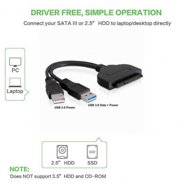 Dual USB 3.0 SATA III Cable 22 Pin Sata to USB Adapter, USB 3.0 to SATA Cable Up to 5 Gbps Support 2.5 Inches Laptop External SSD HDD Hard Drive Adapter Cable