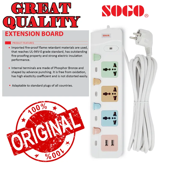 Original Multi Outlet Power Extension Board Socket with 2 USB Cable ...