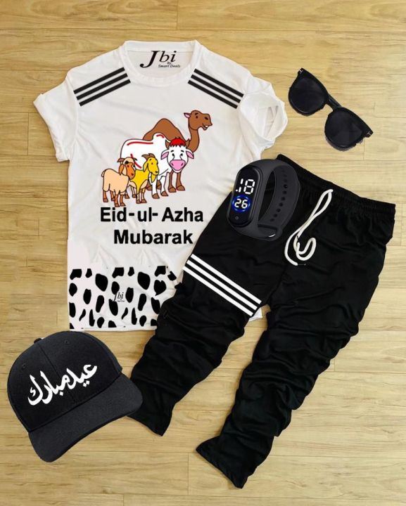 Pack of 5 Bakra Eid Printed  Kid Collection Printed 5 in 1 Tracksuit Shirt Trouser Cap Glasses Watch