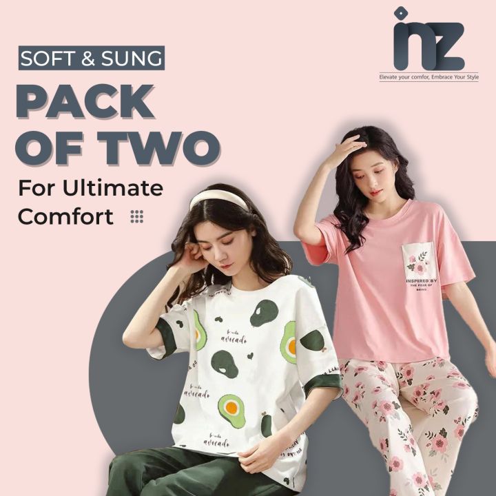 Pack of 2 Nightwear Sets for Girls & Women – Avocado & Floral Printed Pajama Sets – Summer Cotton Jersey Lounge Wear – Soft & Breathable Sleepwear – Mom & Daughter Matching Sets – Sizes 7 to 14 Yrs & S to XL – Relax Fit Two-Piece Combo