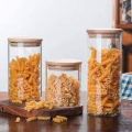 Pack of 3 Large, Medium and Small Square/Round Wooden Lid, Borosilicate Glass Jar Food Storage Containers Set, Airtight Food Jars with Kitchen Canisters for Sugar, Candy, Cookie, Rice and Spice Jars.. 