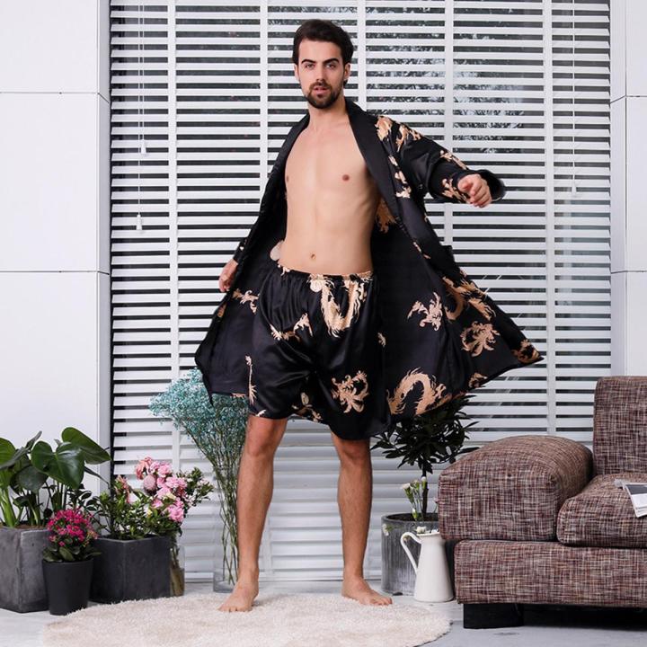 Black Two-piece Robe Suit Male Silk Dragon Dressing Gown Extra large ...