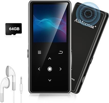 64GB Voice Recorder & MP3 Player with Bluetooth 5.2, AiMoonsa Music Player with Built-in HD Speaker, FM Radio, Voice Recorder, HiFi Sound, E-Book Function, Earphones Included