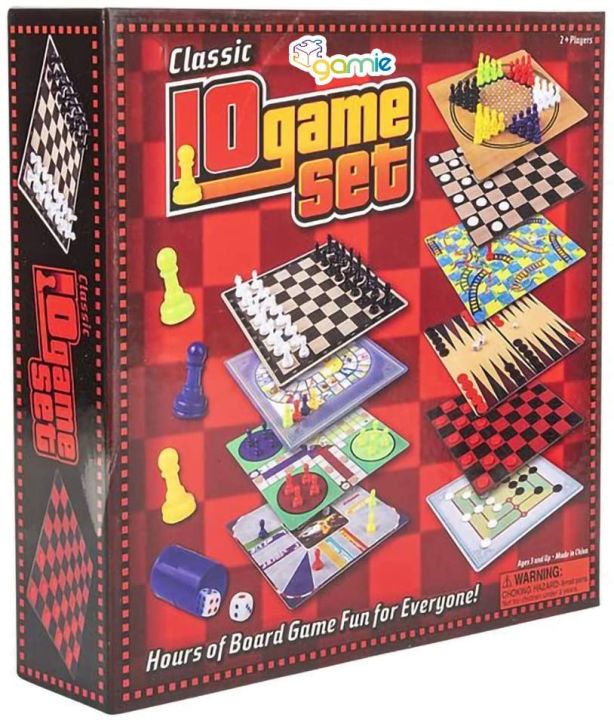 Gamie 10 in 1 Board Game Set, Travel-Friendly Family Board Game Set with Backgammon, Chinese Checkers, Snakes and Ladders, Game of The Goose, Sorry, Draught, Racing, Chess and More