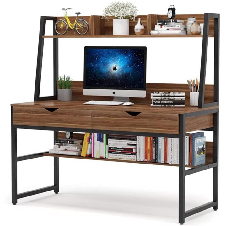 Computer Desk with 2 Drawers and Hutch, Big Home Office Writing Desk with Bookshelf, Craft Desk Workstation Desk