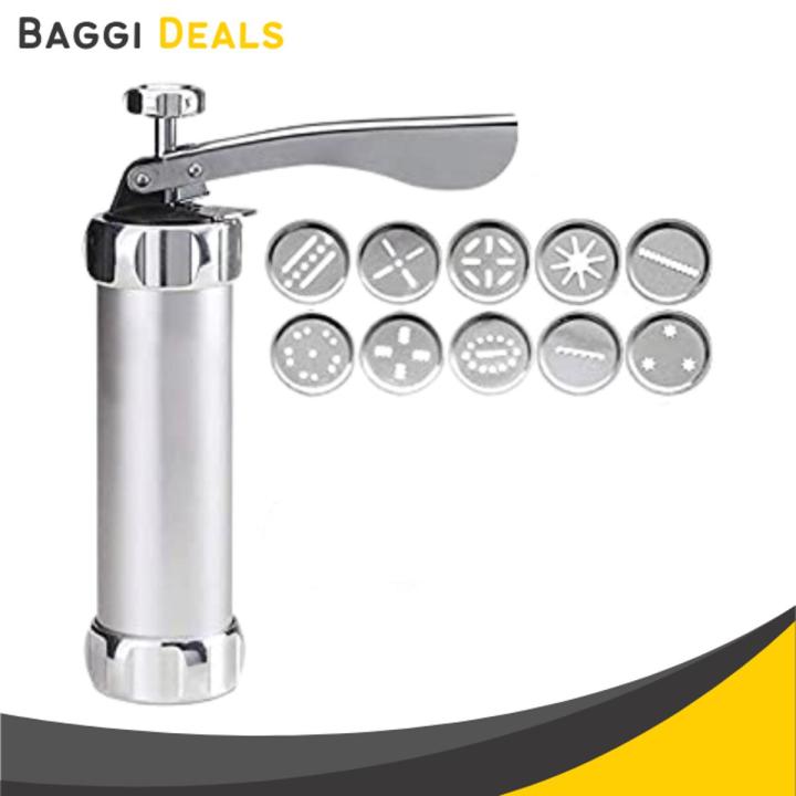 Cookie Press Biscuit Maker Cake Decoration with 10 Stainless Steel Cookie Discs and 4 Nozzles - Silver