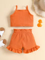Infant Baby Two Piece Set, Toddler Solid Color Sleeveless Camisole Tops Elastic Waist Ruffle Hem Shorts. 