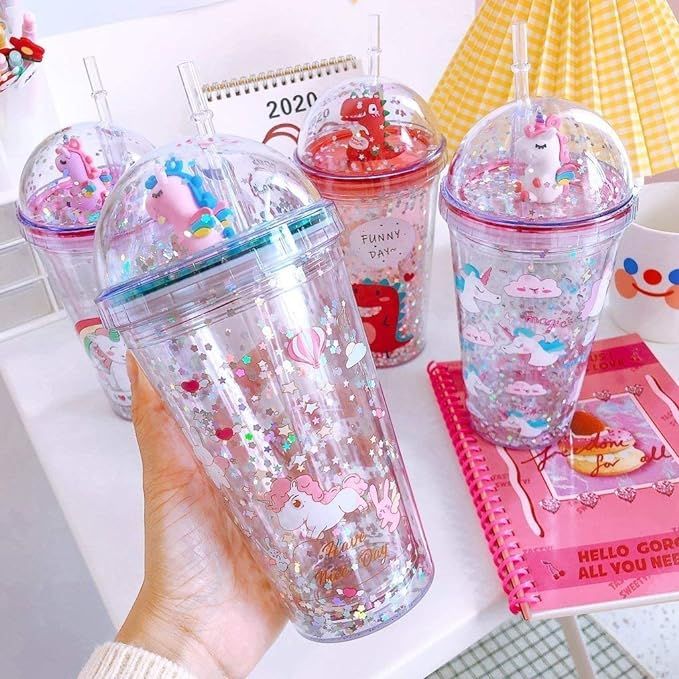 Unicorn Transparent Sipper/Water Bottle/Mason Jar/Tumbler with Straw for Kids Glitter Sipper with Toy Creative Double Layer Drinking Water Bottle Tumbler, Portable Juice Coffee Milk Cup