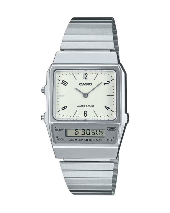 Casio General Vintage Mens Silver Resin Case Round Analog+Digital World Time, Stop Watch, Calendar, Multi-Function Silver Stainless Steel Bracelet Watch-AQ-800E-7A2DF
