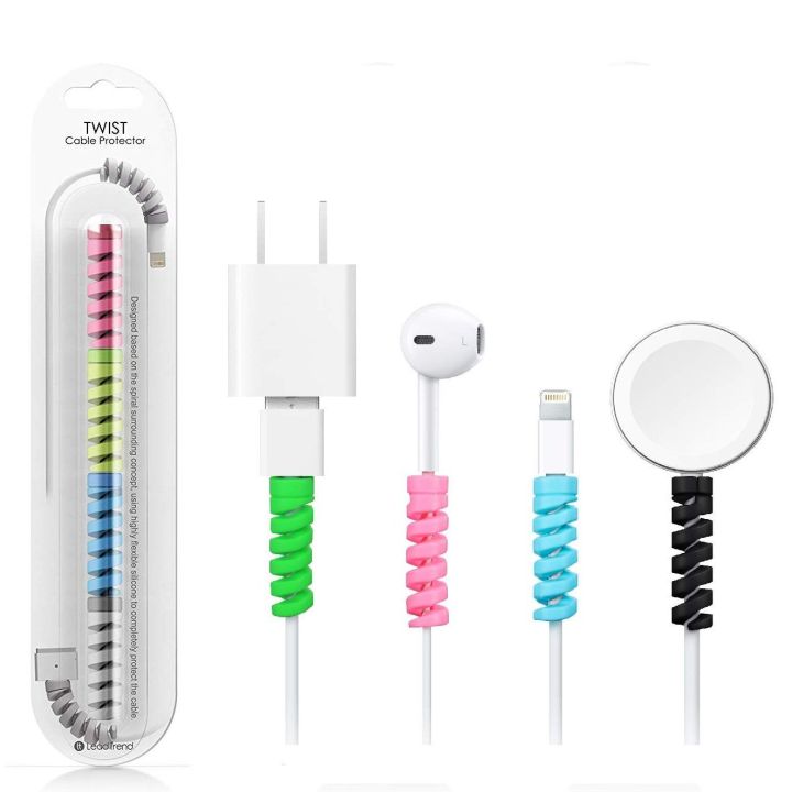 Silicon USB Cable Protector Charger Wire Saver 4 Pieces Covering Set Earphones Winder with Spiral Shape Clip for Android/Laptop/Charging Cords