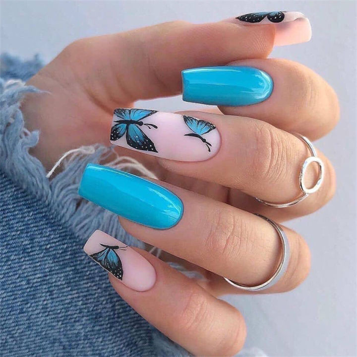 24Pcs/Set Blue Butterfly Coffin Nails Art Long Flat French Press on Nail Tips Artificial Acrylic Removable Nails Supplies