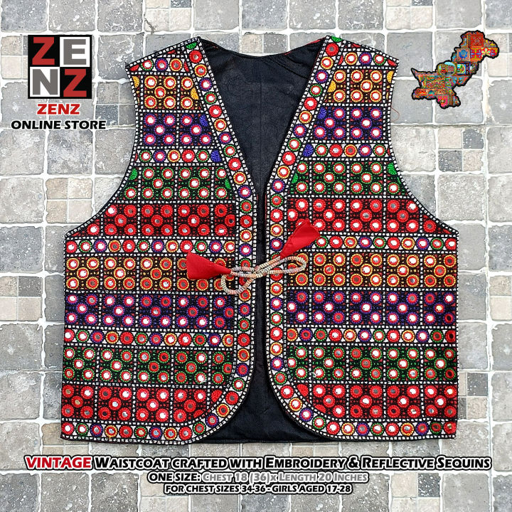 Pakistani Pashtun Punjabi Balochi Sindhi Traditional & Cultural Party Wear Waistcoat Koti for Ladies Women Womens Embroided Multicolor Waist Coat Light Jacket Embroidered Patchwork ZENZ Ladies Gilet