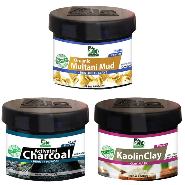 Bundle of 3 Kaolin Clay + Activated Charcoal Powder + Multani Mitti Powder best for Beauty care Recipes Mask Powder for Face Pack 100% Natural & Organic