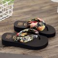 2022 Summer Floral Printing Slippers Women Bohemian Satin Strap Platform Wedge Flip Flops Outdoor Thick Bottom Beach Shoes. 