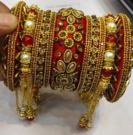 Indian Style Bridal Red Bangles Set Hand Crafted with Love Bridal Bangels with Latkan 11 Pieces Set for New Brides Hand Made Fancy Bangles for Girls and Women Bridal Kundan Chura Bangals Indian Bride Kangan Set Traditional Bride Set for Girls and Women