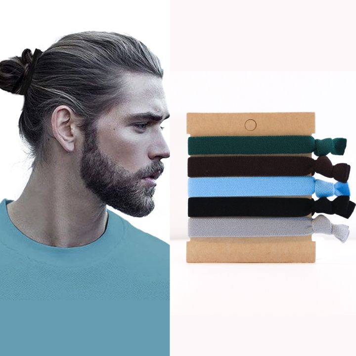 Knotted Mens Hair Ties For Men 5 pcs Wide Black No damage Crease Breakage Men with Long Hair For Buns Curly Thick Elastic Hair