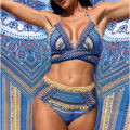 Vintage National Cover Ups + Bikini Cross Strap Bra Women Three Piece Swimsuit Blue/Green/Red High Waisted Beachwear 2024 Summer. 