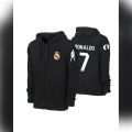 Black Real Madrid Ronaldo 7 Number Fleece Printed Hoodie for Men. 