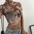 Angel Print Mesh T Shirt Crop Top High Neck Short Sleeve Graphic Tees Women Streetwear Harajuku Shirts Hot Sale. 