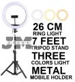 26CM Ring Light with Mobile Holder, TripodStand Holder and 7ft Stand, RingLight with 7 Feet Stand, Three Colours Makeup LED RingLight with Tripod Stand, Dimmable Selfie RingLight with USB for Videography and Photography. 