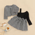 Children Girl Dress Two Piece Set, Houndstooth Printed Pattern Single Long Sleeve Patchwork Dress Matching Outwear Coat. 