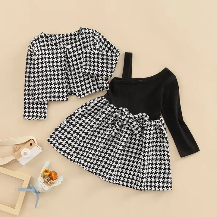 Children%20Girl%20Dress%20Two%20Piece%20Set,%20Houndstooth%20Printed%20Pattern%20Single%20Long%20Sleeve%20Patchwork%20Dress%20Matching%20Outwear%20Coat%20-%20Image%204