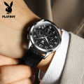 American Brand PLAYBOY Original Men's Watch Waterproof Leather strap Multifunctional Chronograph Anniversary Gift for Men  Calendar Luminous. 