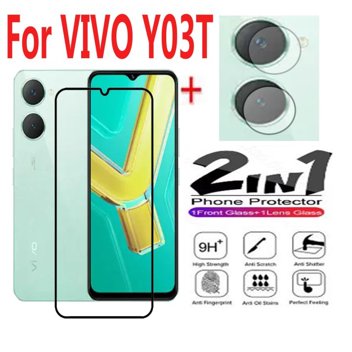For VIVO Y03T Tempered Glass 2 in 1 Camera Lens Protector and Full Coverage HD 9H 2.5D Tempered Front Glass Screen Protector