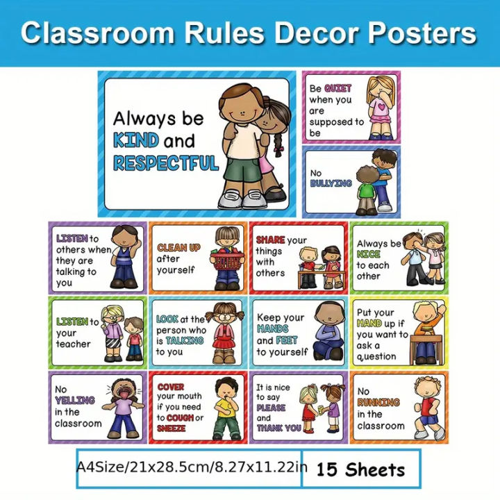 15 Pcs Educational Learning Cards For Children Classroom Rules Posters Chart Montessori Early Education English Learning Toys Kindergarten Classroom Learning Wall Chart