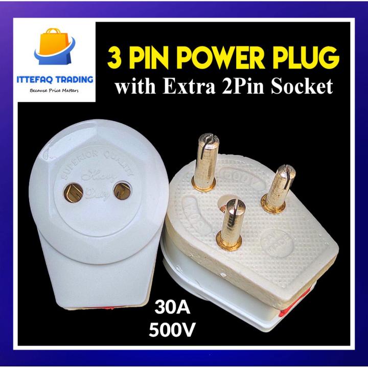 3 Pin Power Plug with Extra 2 Pin Socket 30A 500V- Ceramic Base Heavy Duty for Heavy Appliances
