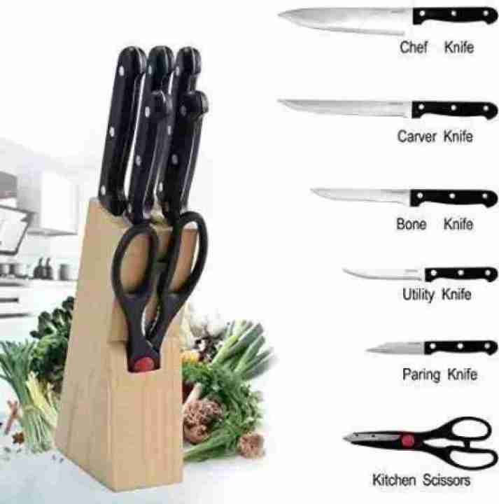 Openi - 7 Pcs Kitchen Knife Set - Kitchen Block Set - 5 Knives + 1 Scissor + Wooden Carrier