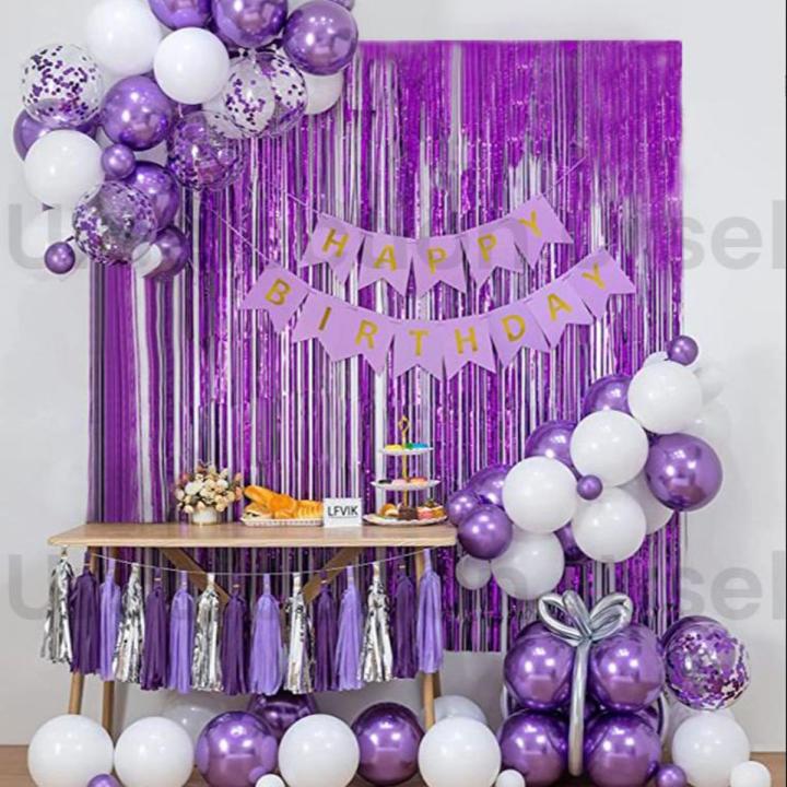 Purple Happy Birthday Decoration Set ( Purple Happy Birthday Banner + 30 latex balloons + 5 confetti balloons + 1 PC Curtain)  birthday decorations for girls , kids , unique birthday theme