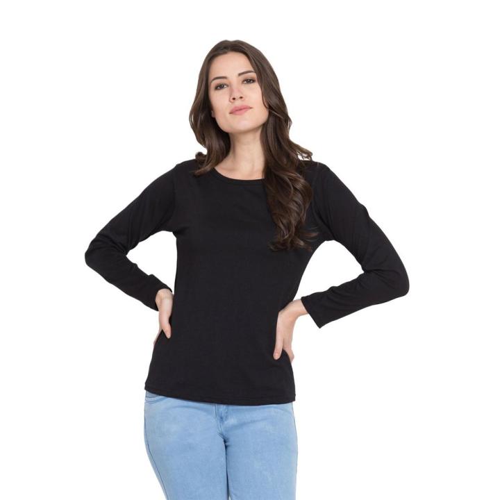 Basic Black Round Neck Full Sleeves T-Shirt For Women