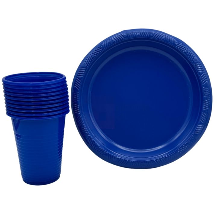 DARK BLUE COLOR PLATES AND CUPS - PLASTIC PLATES AND CUPS - PACK OF 10