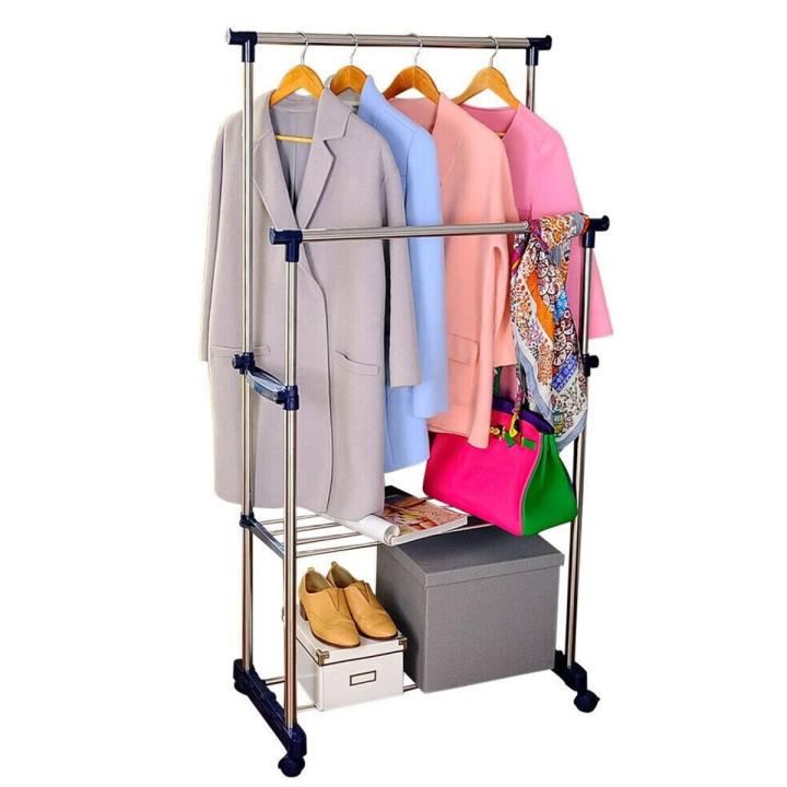 Multipurpose & Adjustable Stainless Steel Double Pole Cloth Hanger with 2 shelves for Floor Type Clothes Hanging & Drying purpose for Laundry & Bedroom | Stainless Steel | Single Pole or Double Pole
