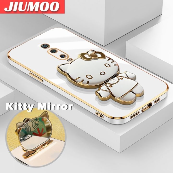 JIUMOO For Xiaomi 9T Pro Redmi K20 Pro Case Cartoon New Design Hello Kitty Cosmetic Mirror Stand Holder Electroplate Phone Case Smooth Gold Side Plating Silicone Back Cover
